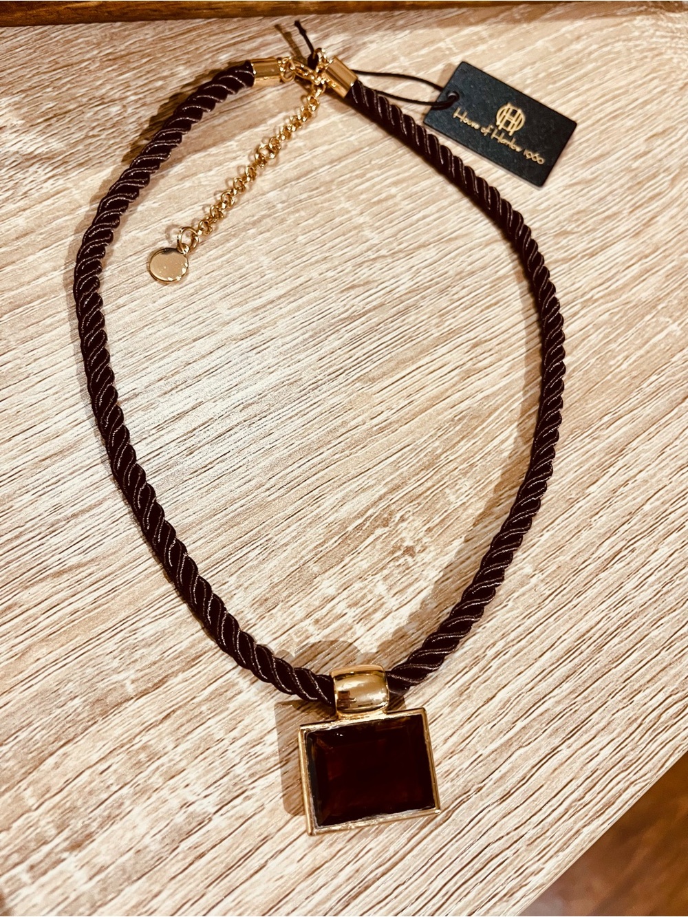 House of Harlow Brown Rope Necklace with Gold Brown Glass Stone Pendant NWT
